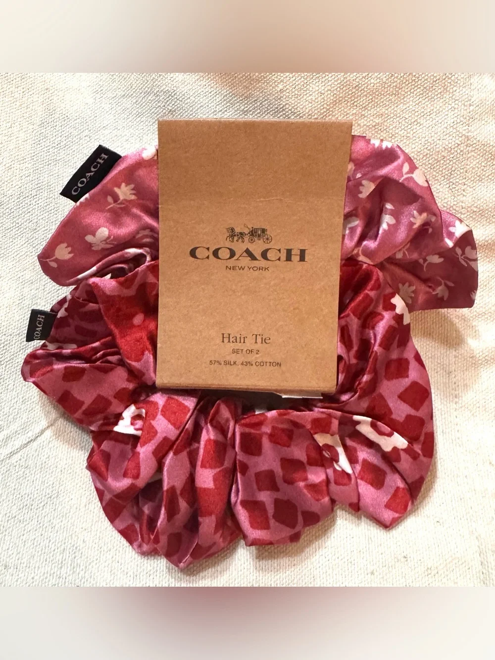 Coach CBO70 Silk-Blend Country Club Floral Print Hair Ties Pack (Pink/Red) - NWT